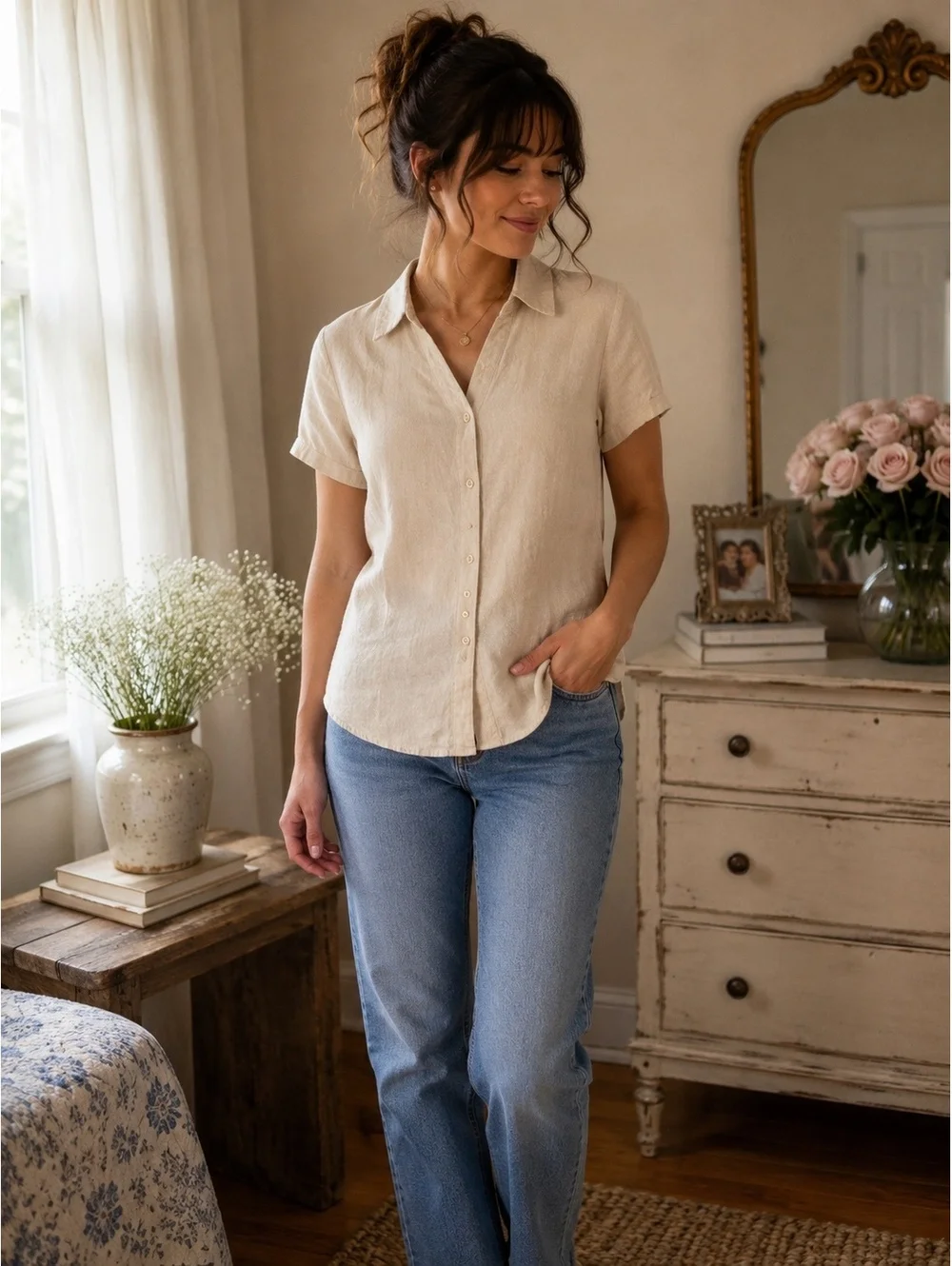 Orvis 100% Linen Short Sleeve Button Front Blouse Women’s Size 10 Beige - Picture 1 of 9